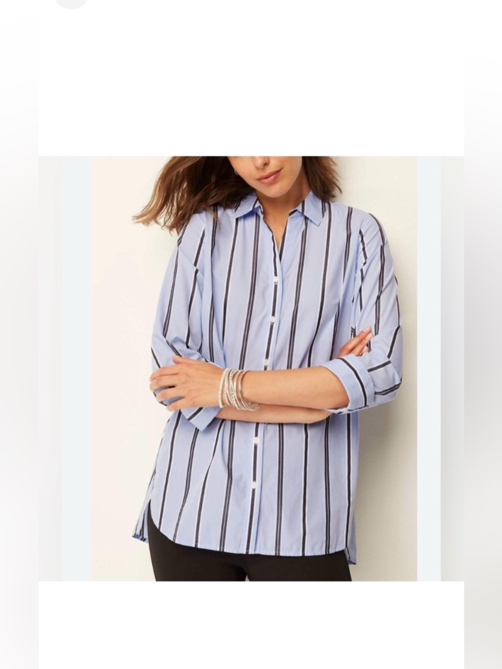 J. Jill Light Blue and Black Vertical Stripe Button-Down Cotton Shirt size Large